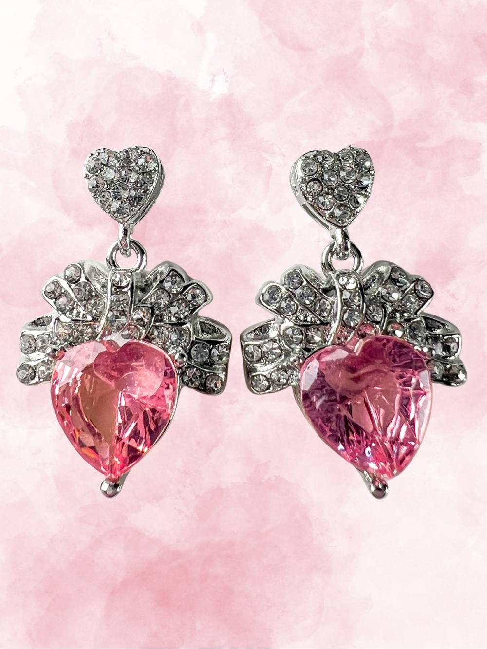 Pink Heart Bow Drop Earrings S925 Sterling Silver Posts Rhinestone Dangle
